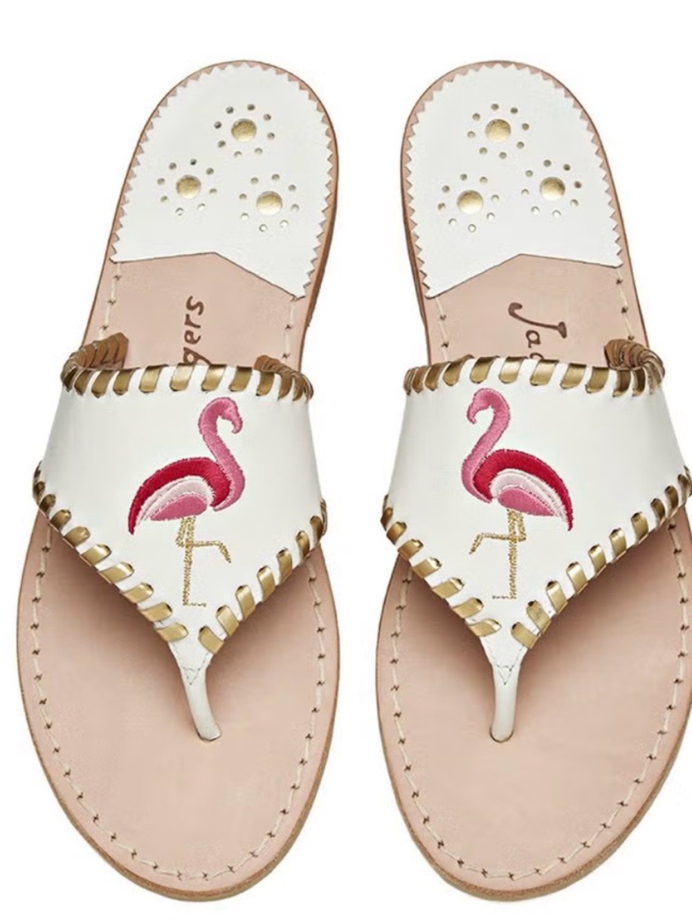 Jack Rogers Flamingo Embroidered Leather Thong Sandals